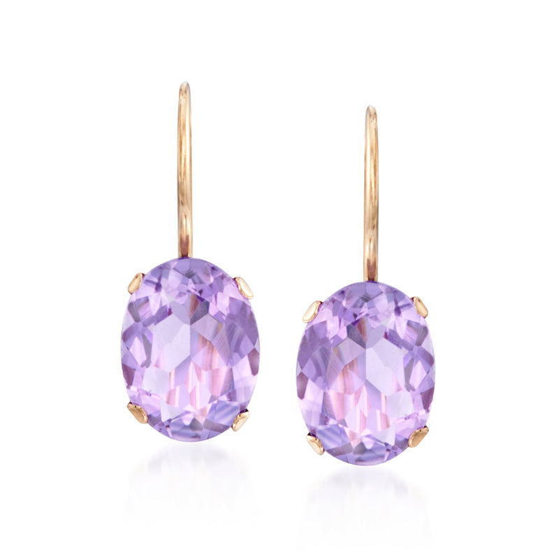 Oval amethyst drop earrings in 14kt yellow gold with earwire hooks