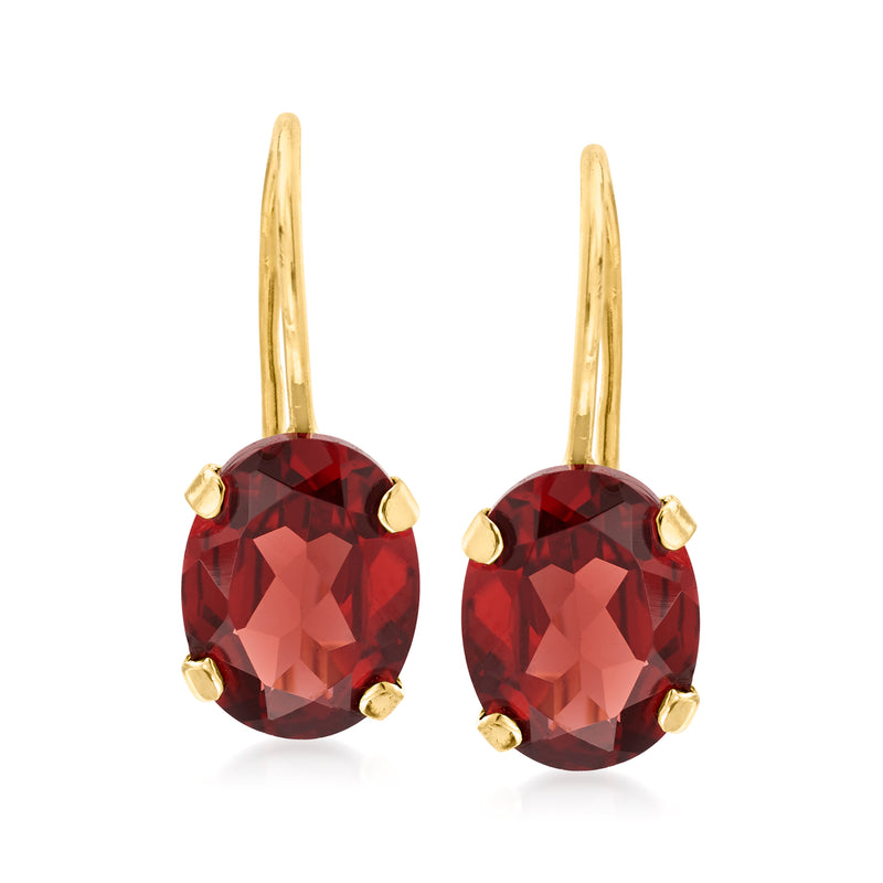 Gold earwire drop earrings with round faceted red garnet stones and prong bezels