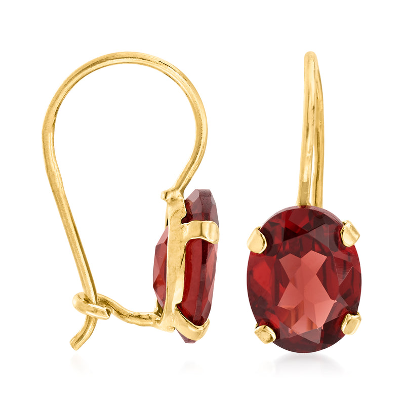 Gold earwire drop earrings with round faceted red garnet stones in bezel prongs