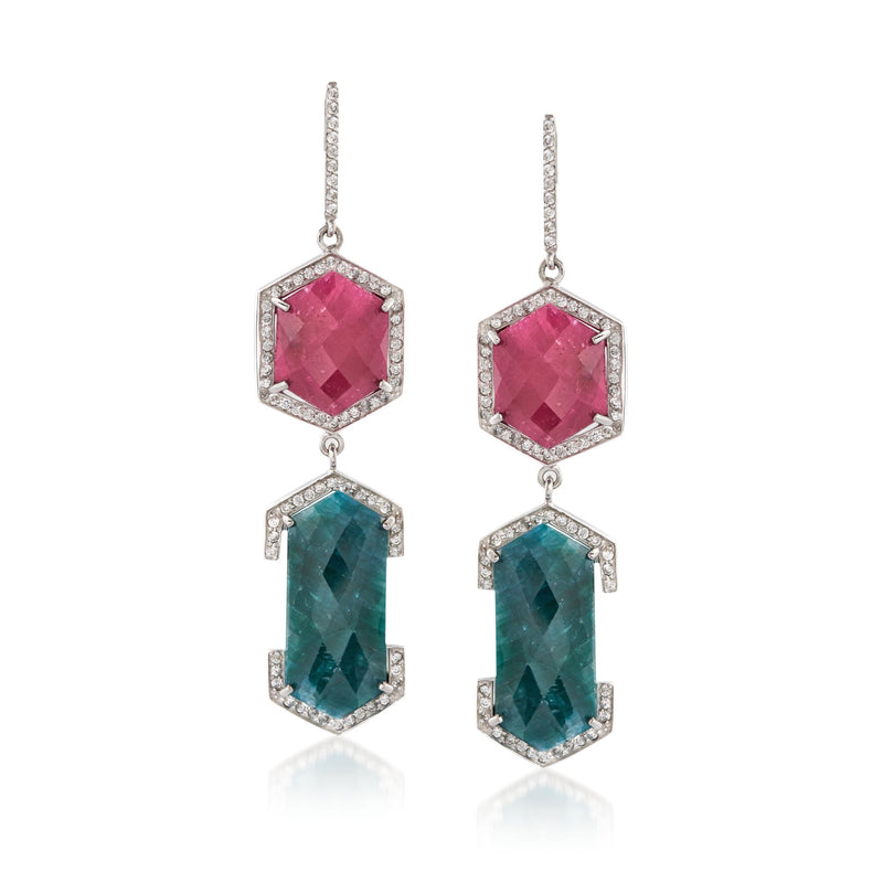 Sterling silver drop earrings with pink hexagon and teal rectangular stones