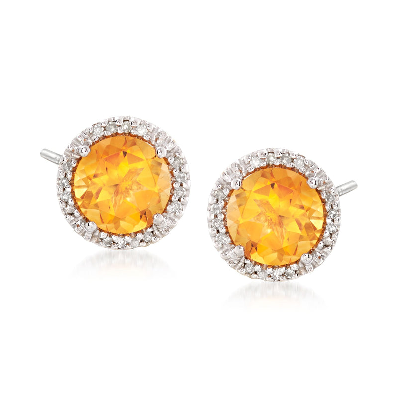 Citrine stud earrings with round diamond halo, 14kt yellow gold
