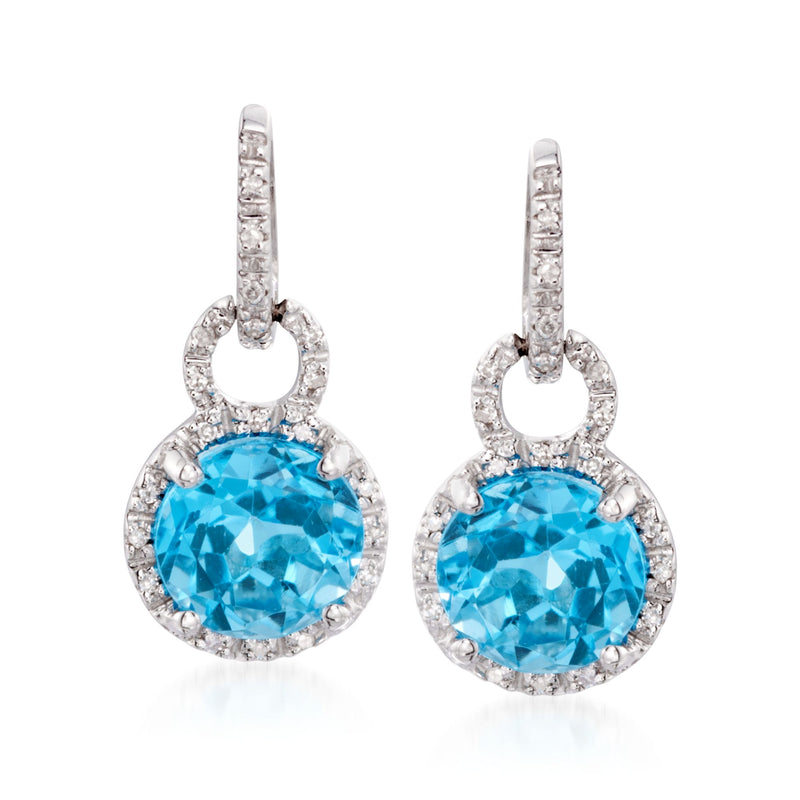 14kt white gold drop earrings with Swiss blue topaz and diamond halo
