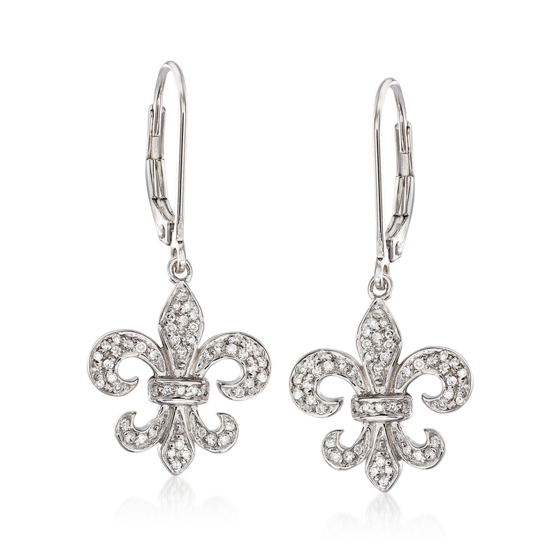 Sterling silver diamond fleur-de-lis drop earrings with leverback closure