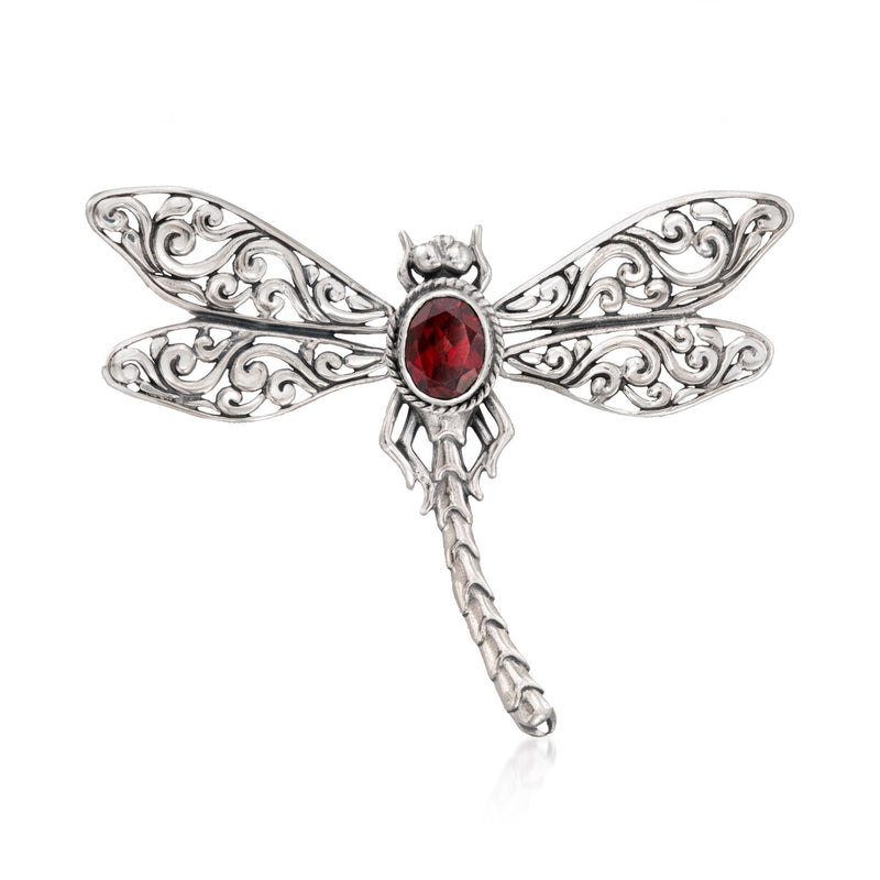 Sterling silver dragonfly pendant with oval red garnet centerpiece