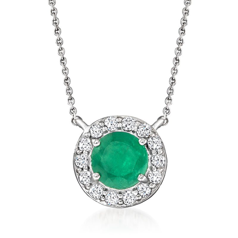 14kt white gold pendant necklace with green emerald centerpiece and diamond halo