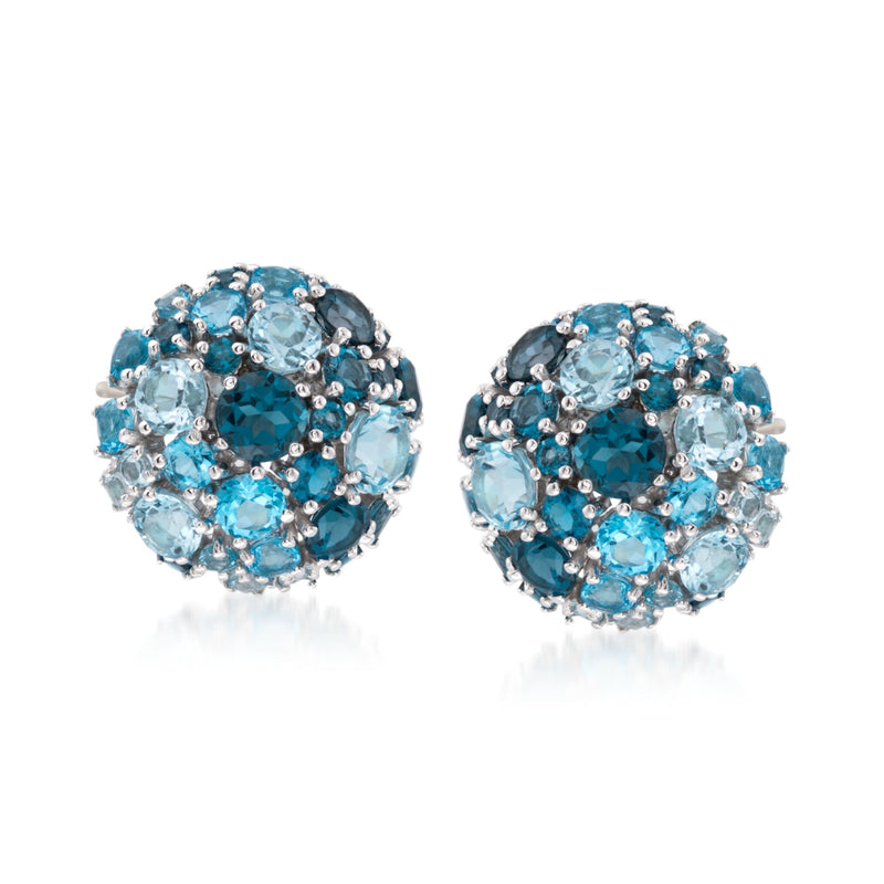 Sterling silver blue topaz cluster stud earrings, round bezel-set gemstones