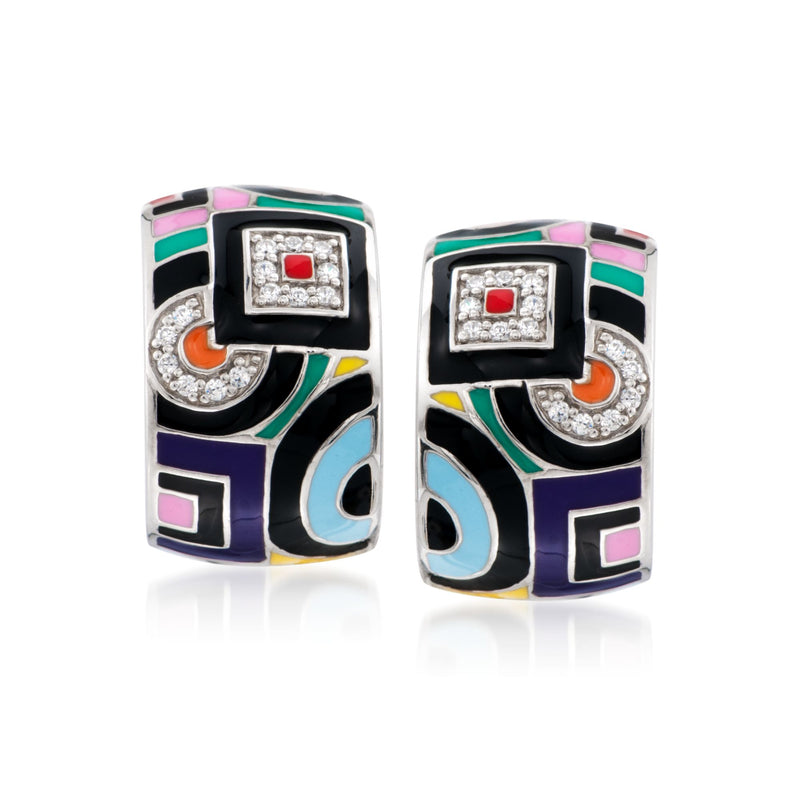 Sterling silver hoop earrings with multicolored geometric enamel squares and CZ accents