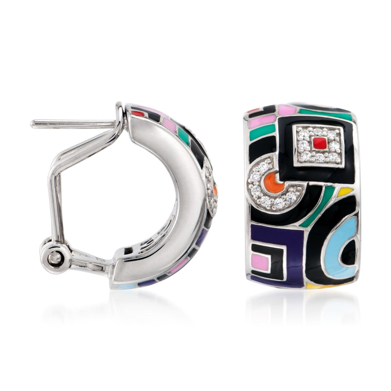 Sterling silver hoop earrings with geometric enamel squares, CZ center stone, hinged post