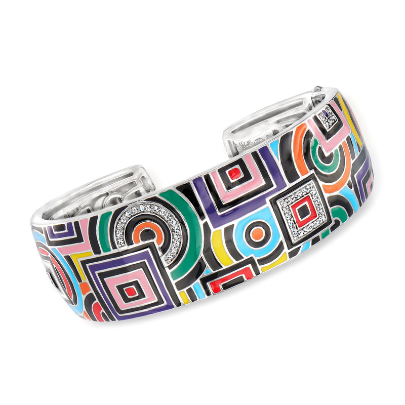 Sterling silver cuff bracelet with multicolored geometric enamel and CZ accents
