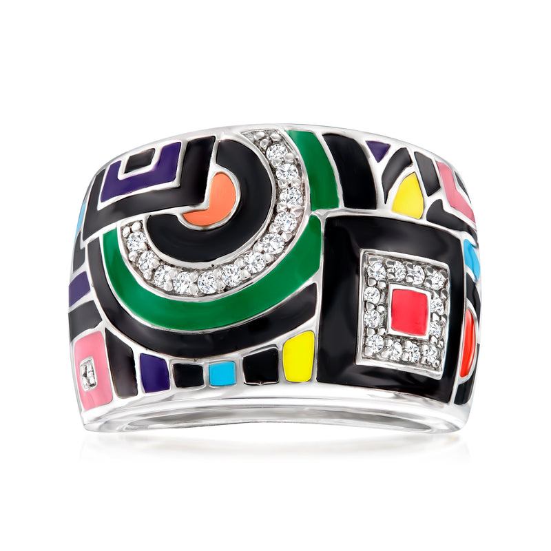 Sterling silver geometric enamel ring with multicolor blocks and CZ accents