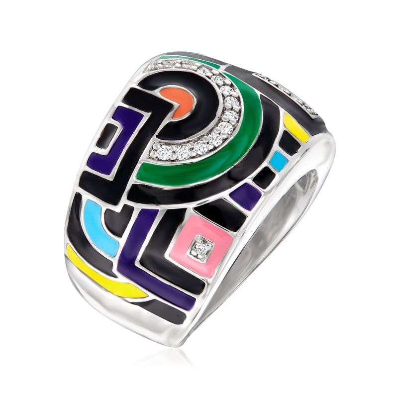 Sterling silver geometric enamel ring, large oval motif with halo CZ border