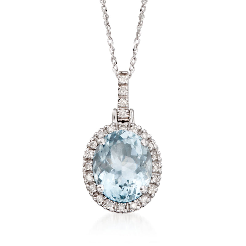 14k white gold pendant necklace with oval aquamarine and diamond halo