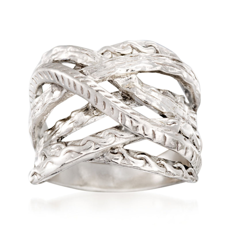 Textured sterling silver highway ring with openwork ridged braided pattern