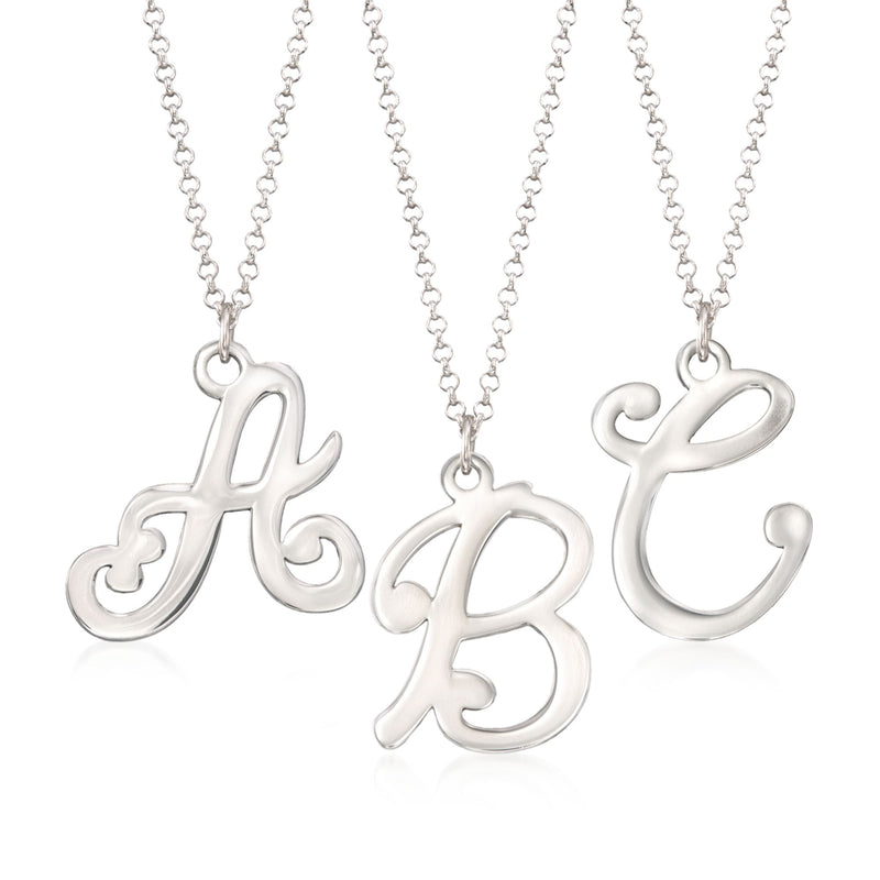 Sterling silver chain necklace with single script initial pendant, polished shine