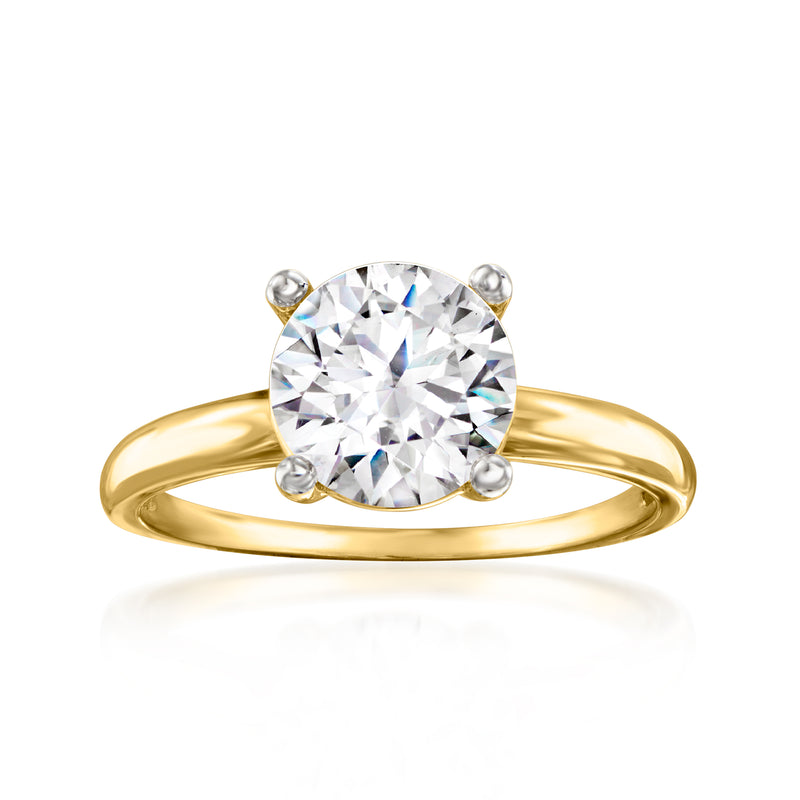 14kt yellow gold solitaire ring with round CZ center stone and four side prongs