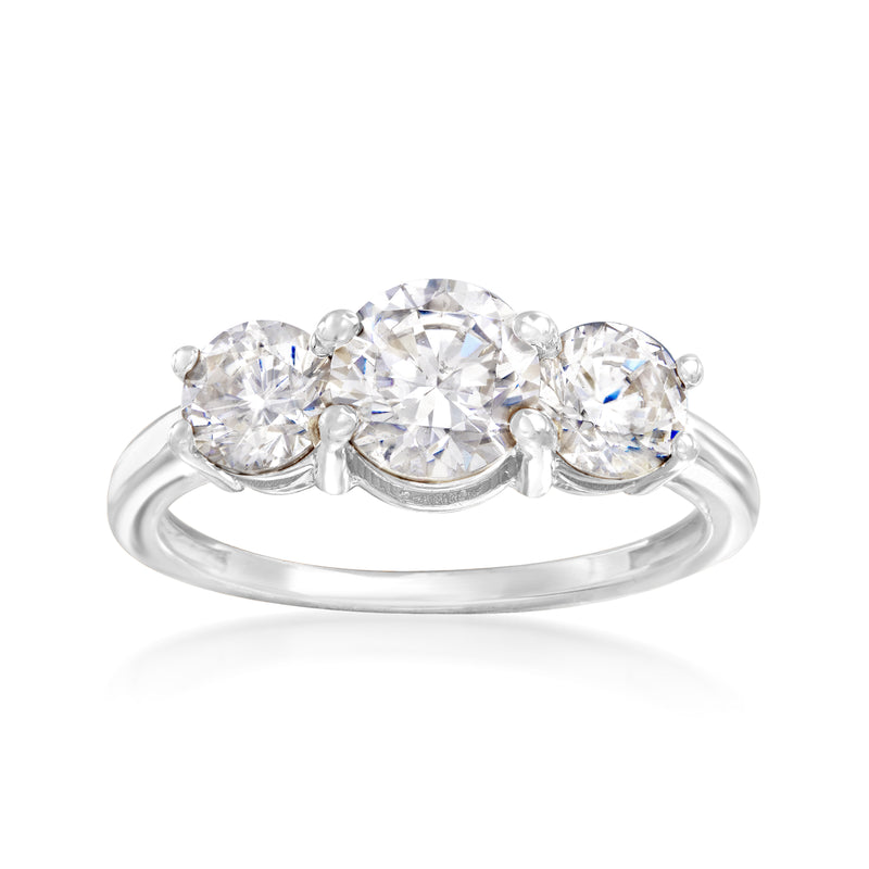 14kt white gold CZ ring with three round stones, prong-set