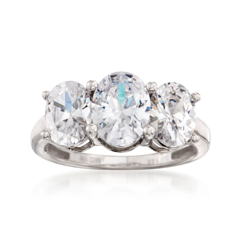 14kt white gold three-stone oval CZ ring with three sparkling stones