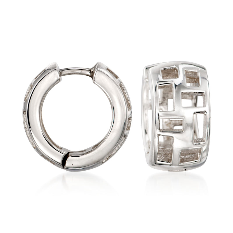Sterling silver huggie hoop earrings with geometric window cutouts