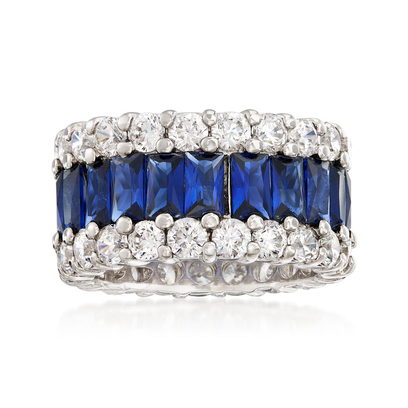 Sterling silver eternity band with blue simulated sapphire and clear CZ stones