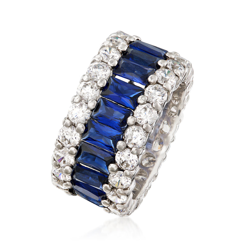 Sterling silver ring with rectangular blue simulated sapphire rows and clear CZ accents