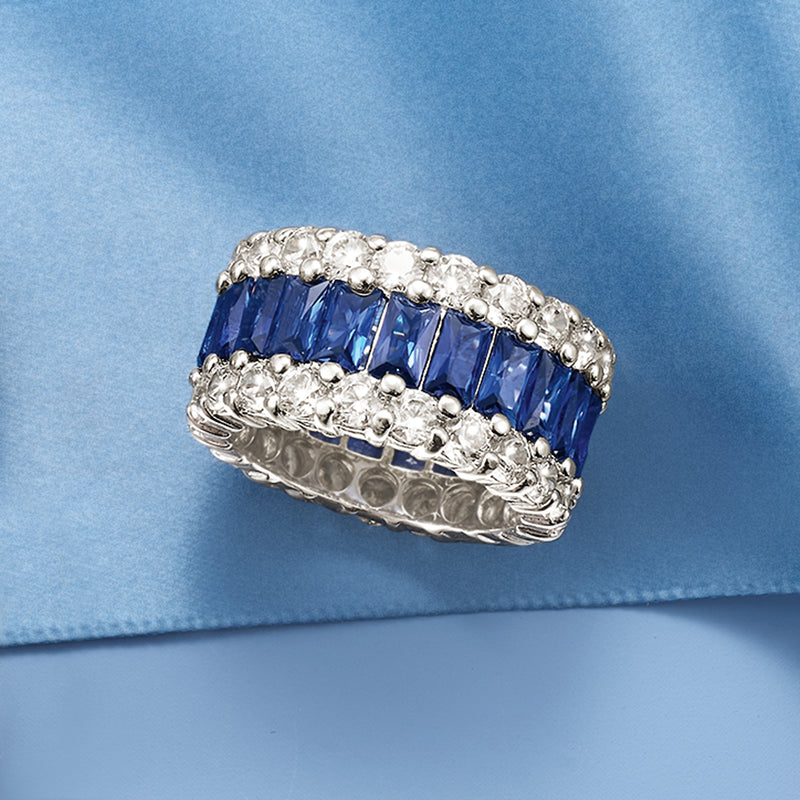 Sterling silver eternity band with blue simulated sapphire center rows and clear CZ borders