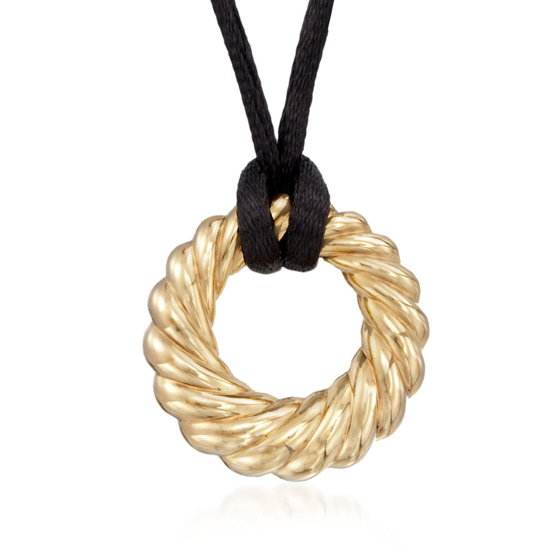 Gold braided circle pendant with black silk cord tie