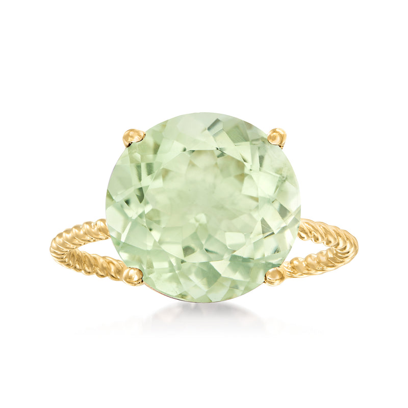 Twisted 14kt yellow gold ring with oval prasiolite gemstone, four prongs