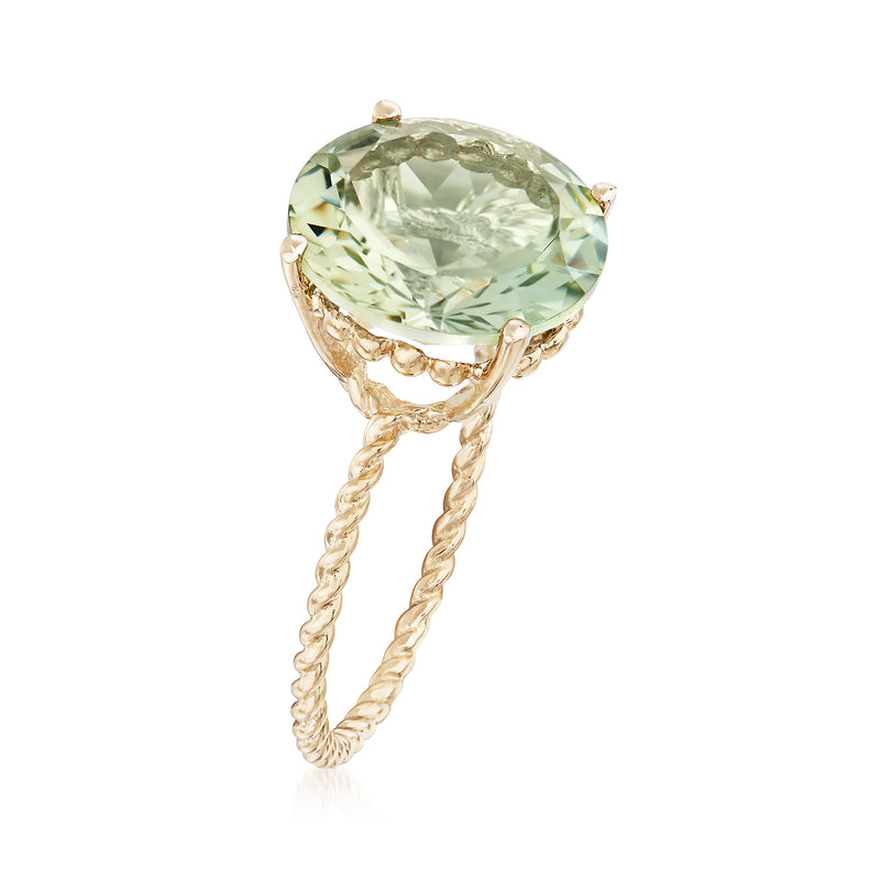 14kt yellow gold twisted ring with oval prasiolite, low profile setting