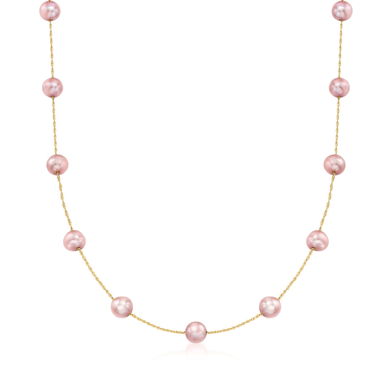 Pink cultured pearl station necklace with 14kt yellow gold chain and round pearls