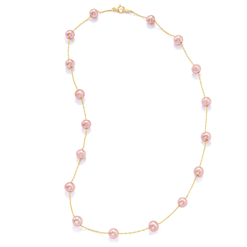 Pink cultured pearl station necklace, 14kt yellow gold chain with spaced round pearls