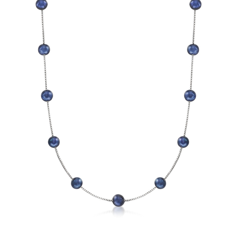 Sterling silver station necklace with dark blue cultured pearl beads