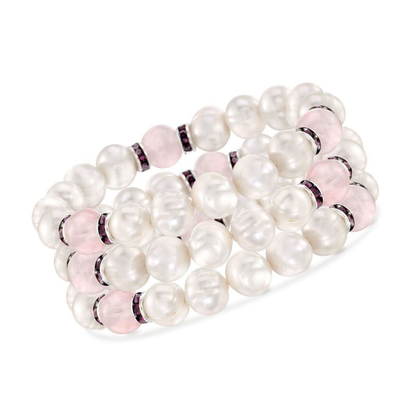 Set of three stretch bracelets with white cultured pearls, rose quartz beads, purple CZ accents