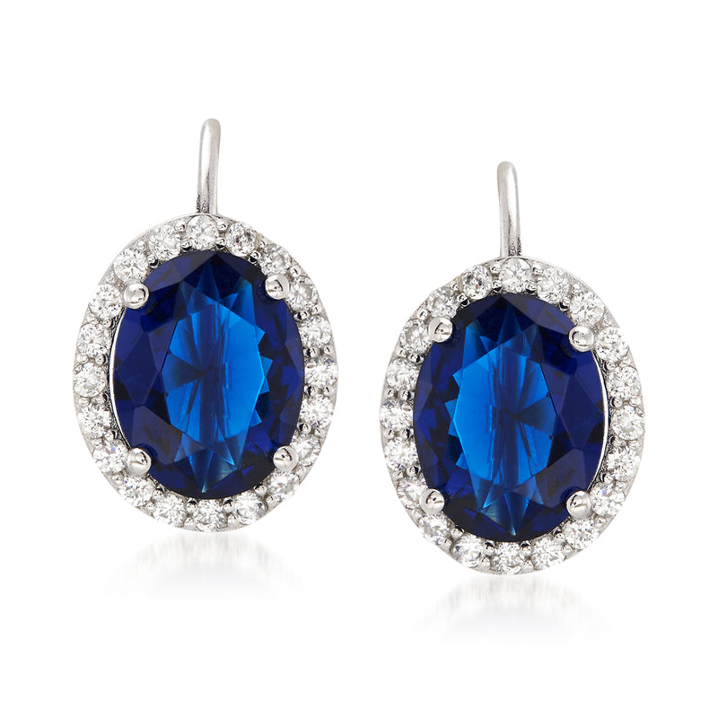 Oval blue simulated sapphire-style halo leverback earrings, sterling silver with CZ accents