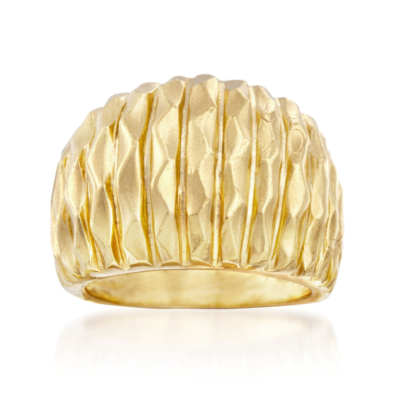 Wide textured gold-tone over silver ring with ridged vertical pattern, smooth band