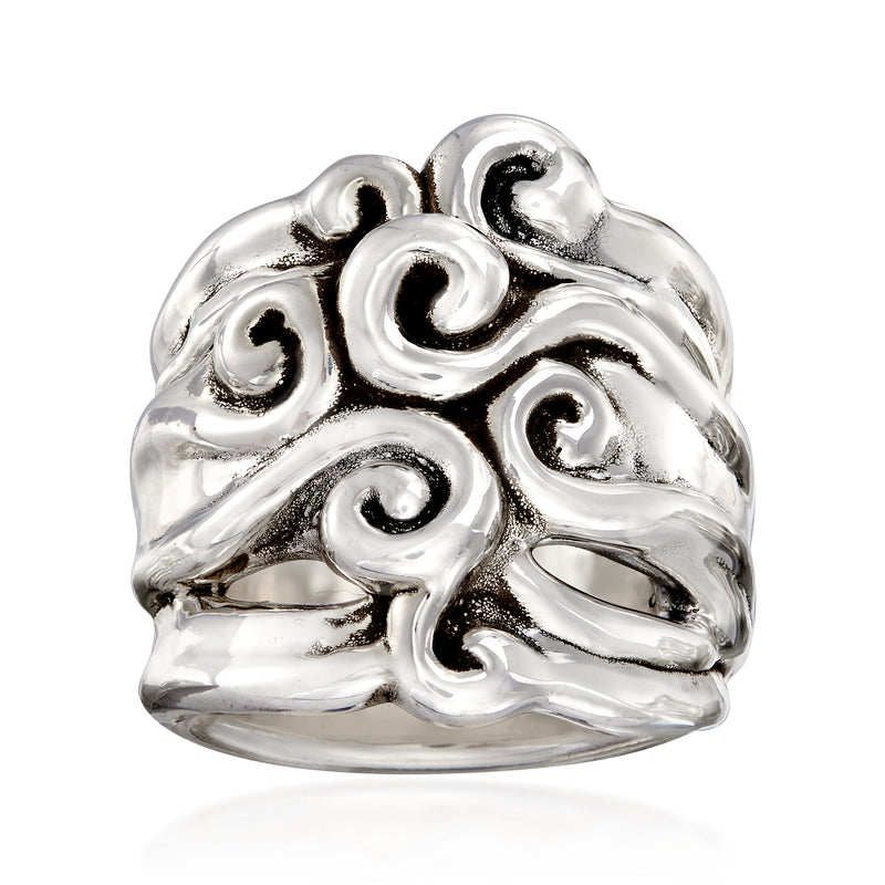 Sterling silver ring with multi-swirled scroll design, polished shiny finish
