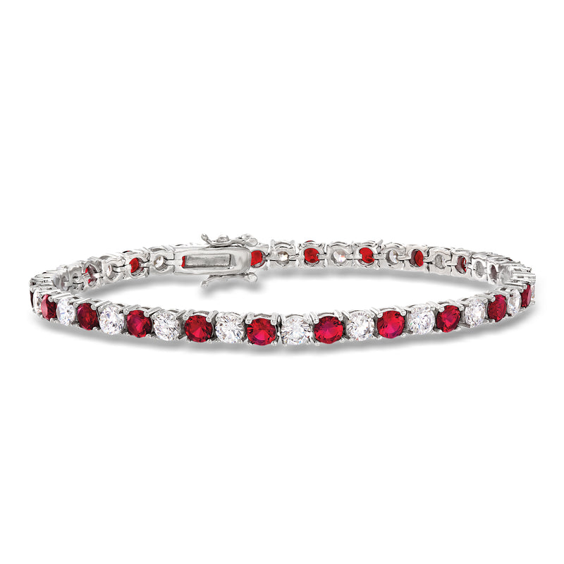 Sterling silver tennis bracelet with alternating red simulated ruby and CZ stones, hinged clasp