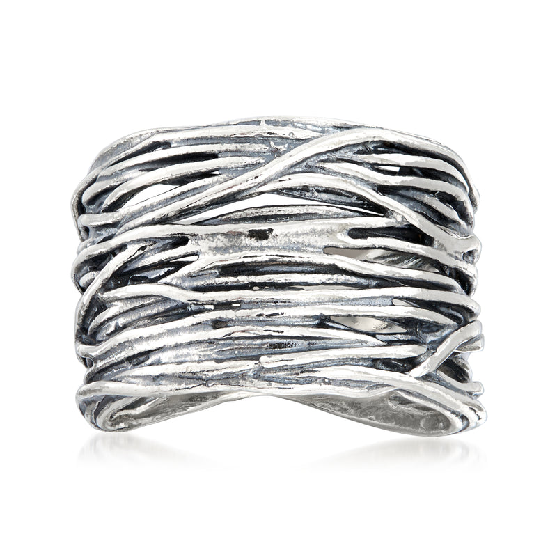 Sterling silver multi-row braided band ring with fluid wave design