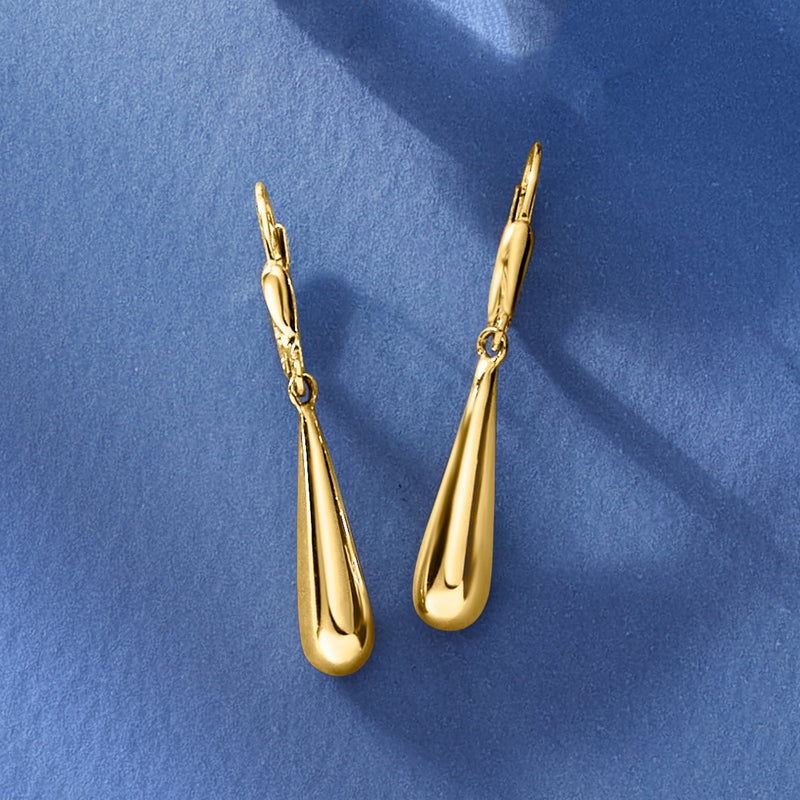 Yellow gold teardrop leverback earrings, glossy elongated drop shape