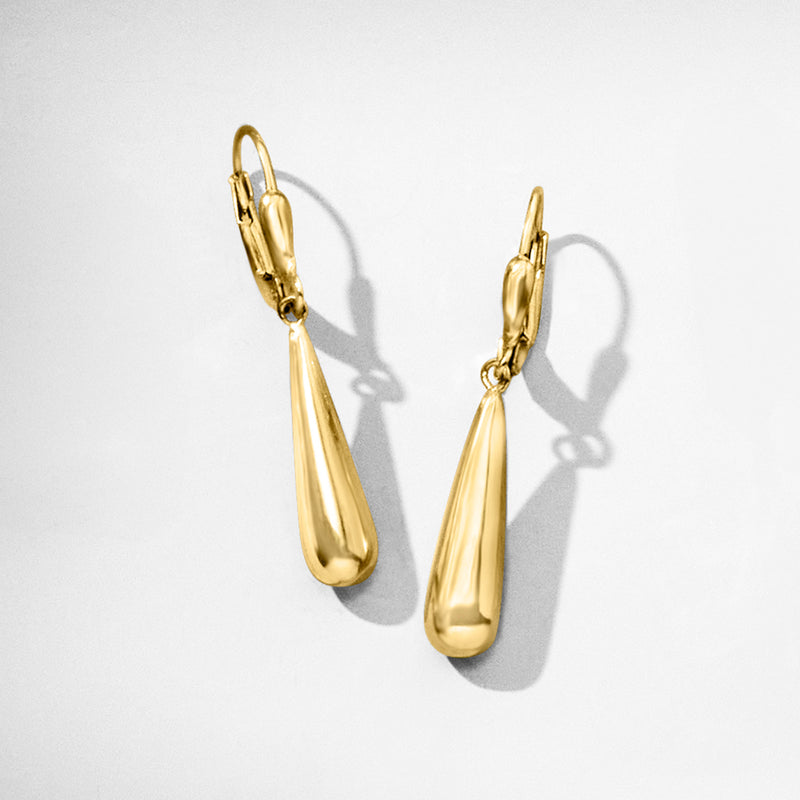 Yellow gold teardrop leverback earrings, side view with tapered drop
