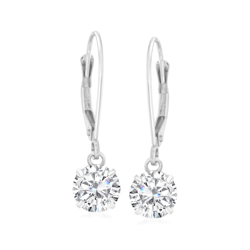 14kt white gold CZ drop earrings with round stones on leverback hooks, pair