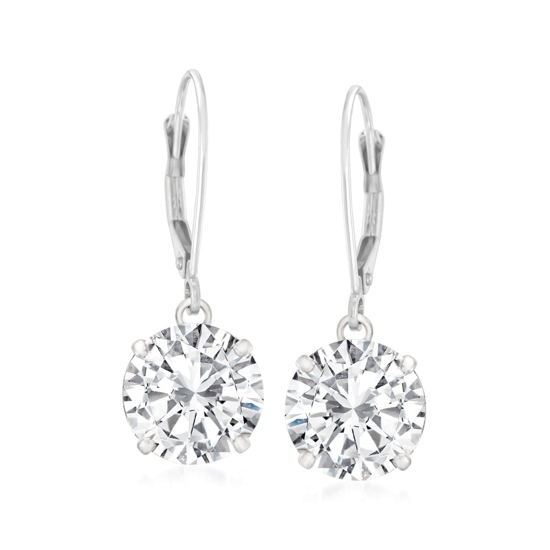 14kt white gold CZ drop earrings with round clear stones, leverback closures