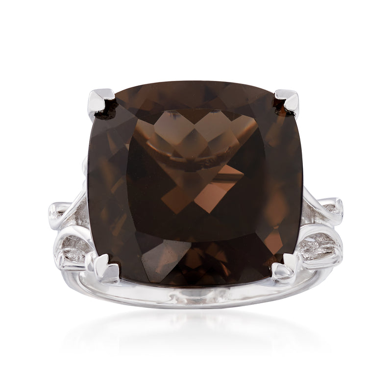 Sterling silver smoky quartz ring with cushion-cut dark gemstone, four prongs