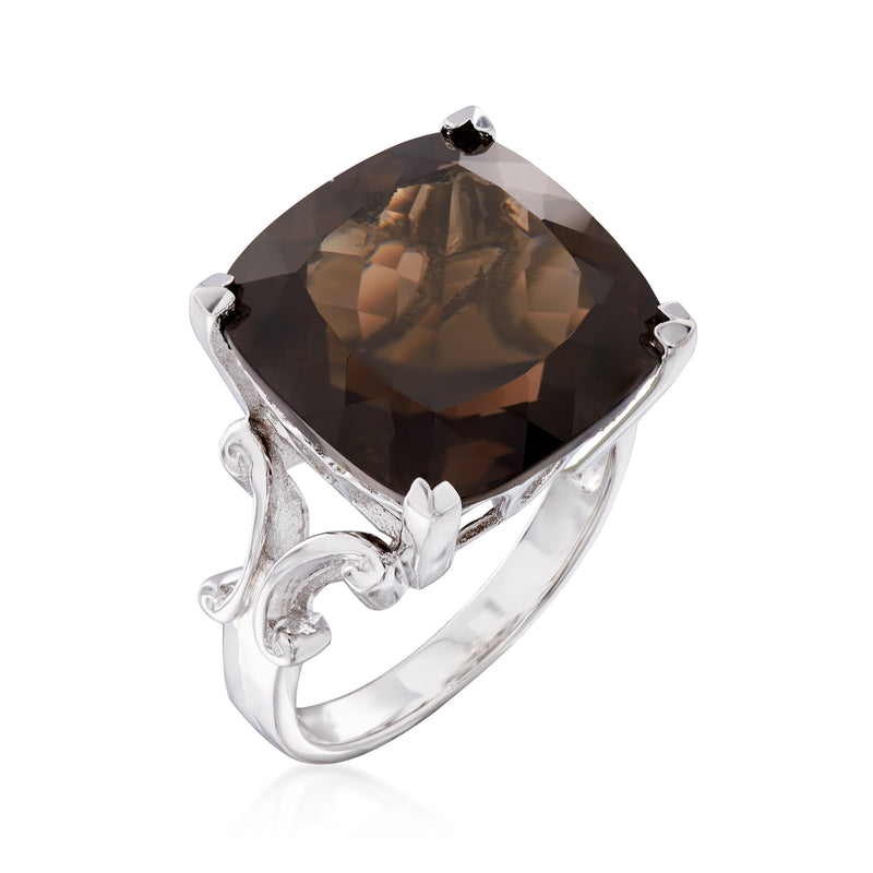 Sterling silver smoky quartz ring, cushion-cut dark stone with leaf-style side details