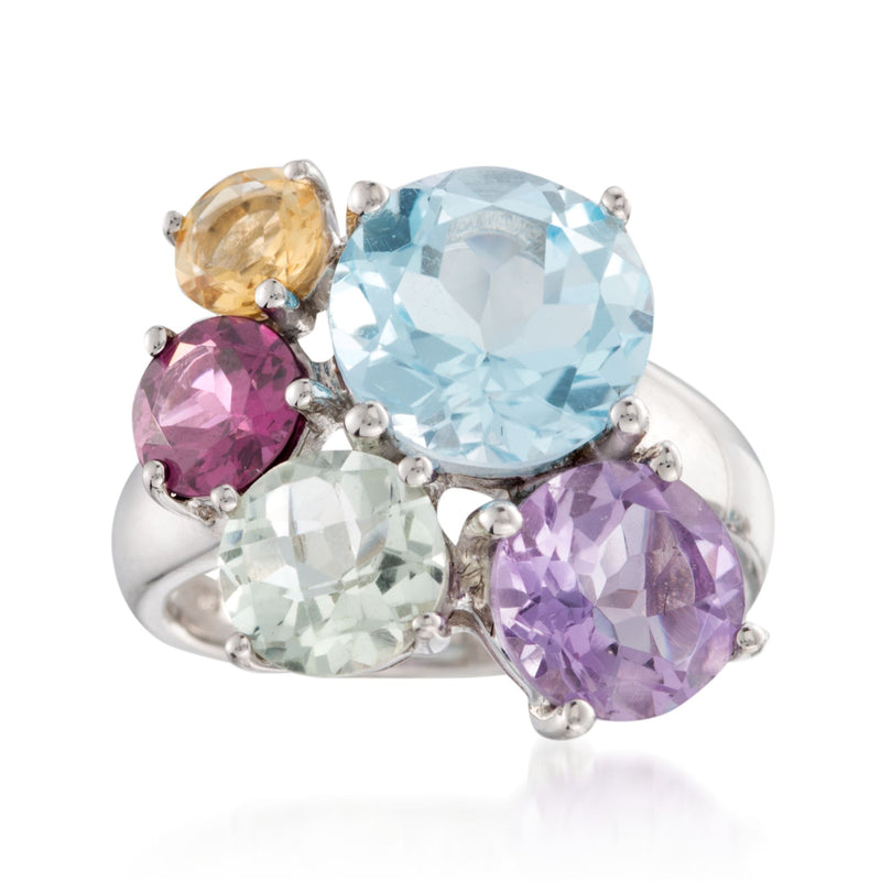 Sterling silver multi-stone cluster ring with oval blue, purple, pink, yellow stones