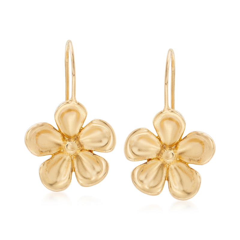 14kt yellow gold pansy drop earrings, flower dangle on earwire