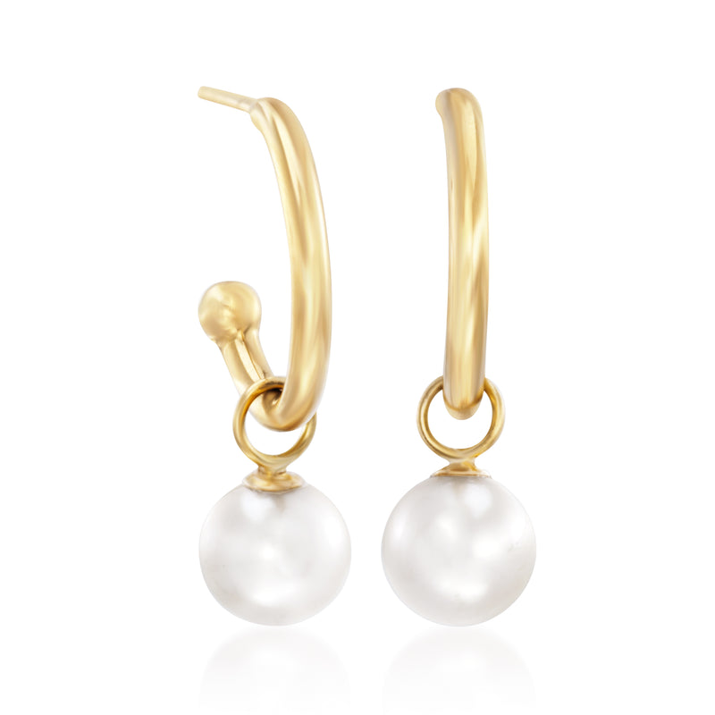 Yellow gold C-hoop drop earrings with 6mm cultured pearl beads
