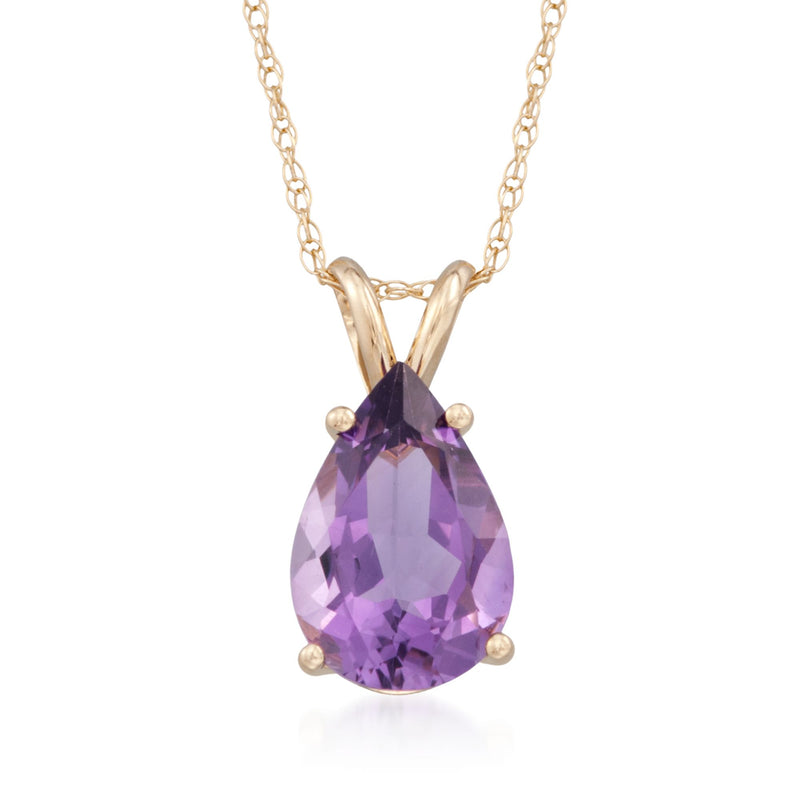 14kt yellow gold amethyst teardrop pendant necklace with faceted purple stone