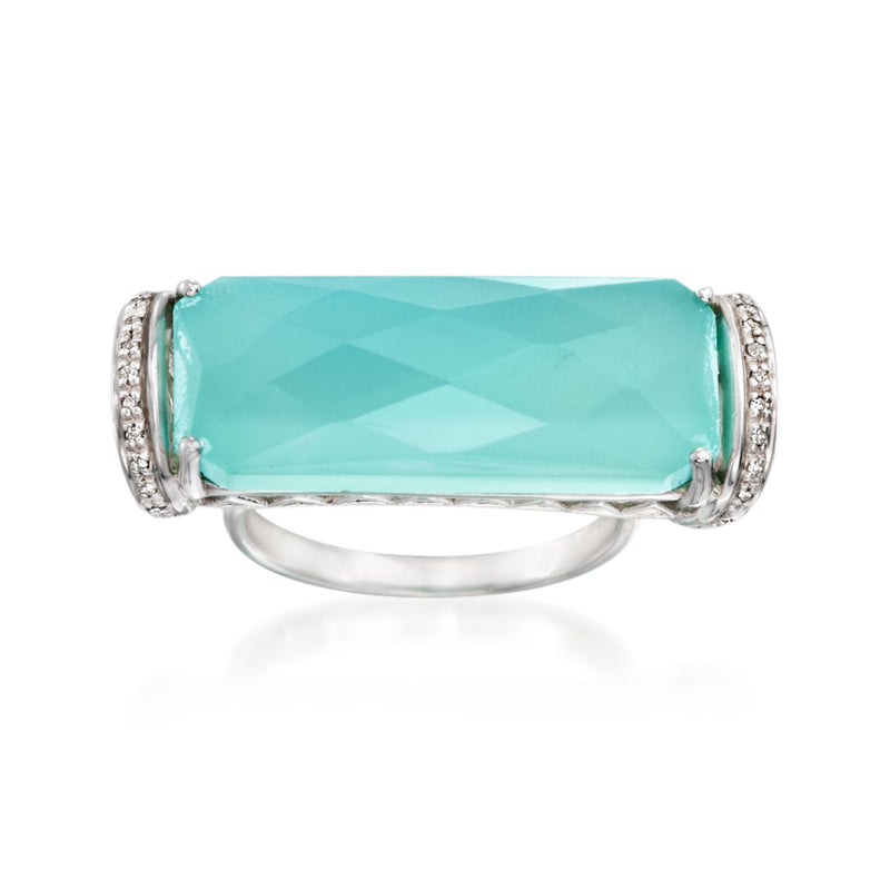 Sterling silver ring with large blue chalcedony and diamond-accented bezel