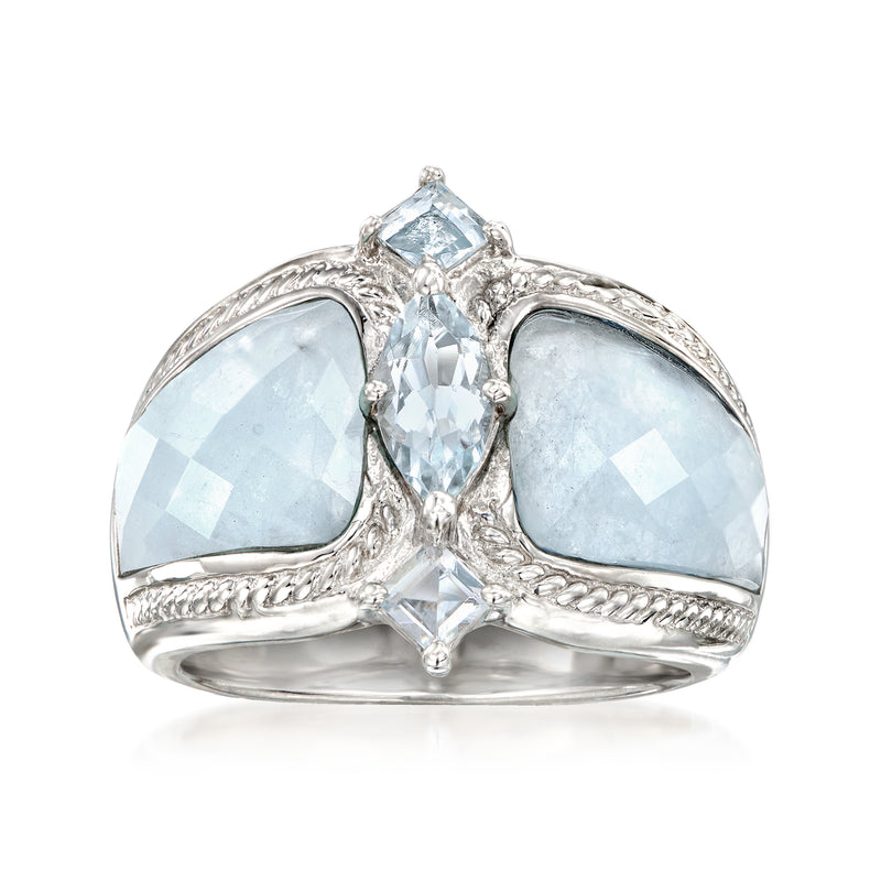 Sterling silver ring with three light-blue aquamarine gemstones in openwork setting