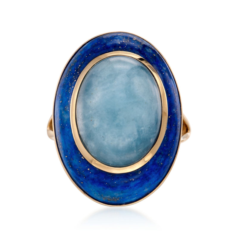 Dome ring with aquamarine oval center, lapis blue surround, 14kt yellow gold